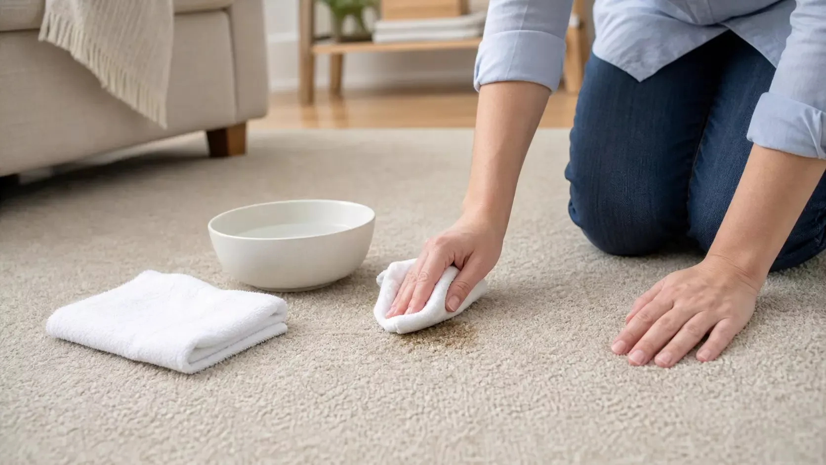 Hands blotting a small pet stain on beige carpet with a clean white absorbent cloth