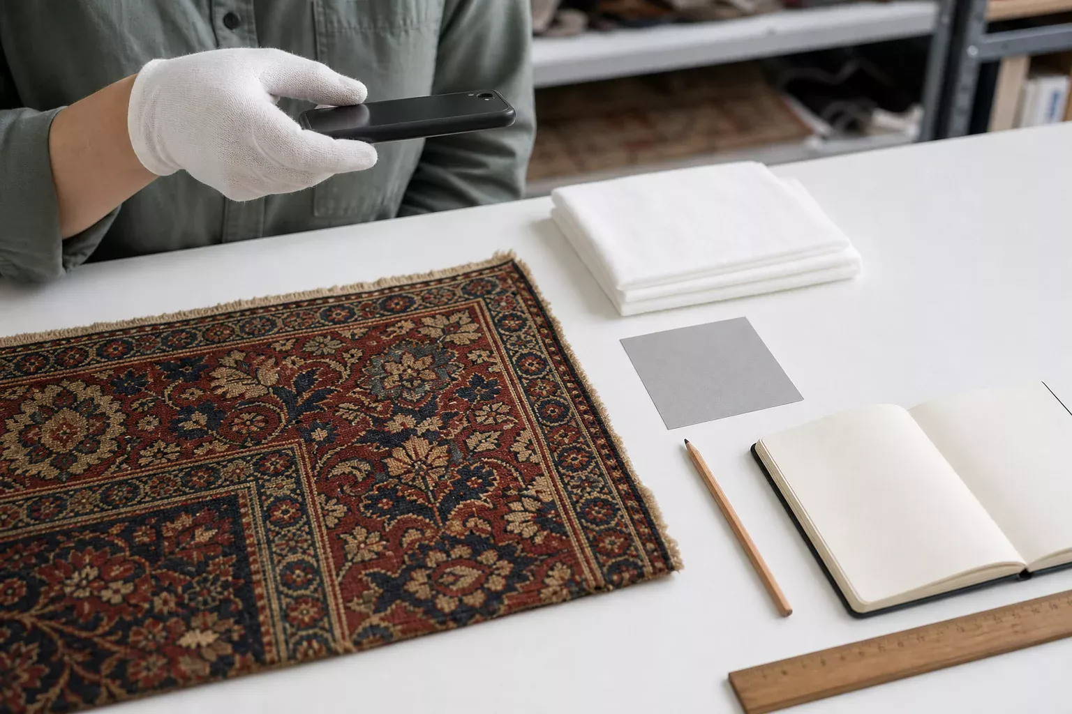 A conservator documents an antique rug beside white absorbent cloths, a grey reference card, a ruler, and a blank notebook.