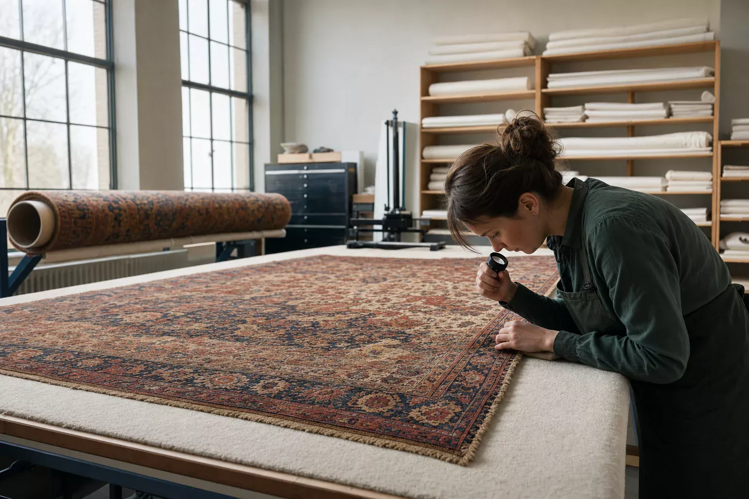 A textile conservator examines the edge of an antique rug on a padded inspection table in a professional conservation studio.