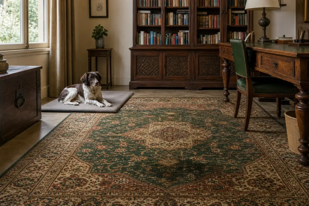 An antique patterned rug in a traditional study with a dog resting on a separate washable mat.