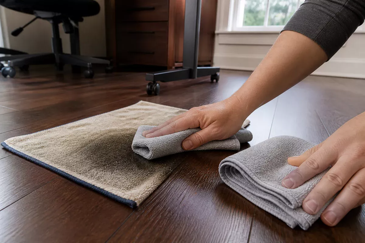 Hands blotting a limited section of dark hardwood with a folded cloth and a second dry cloth nearby