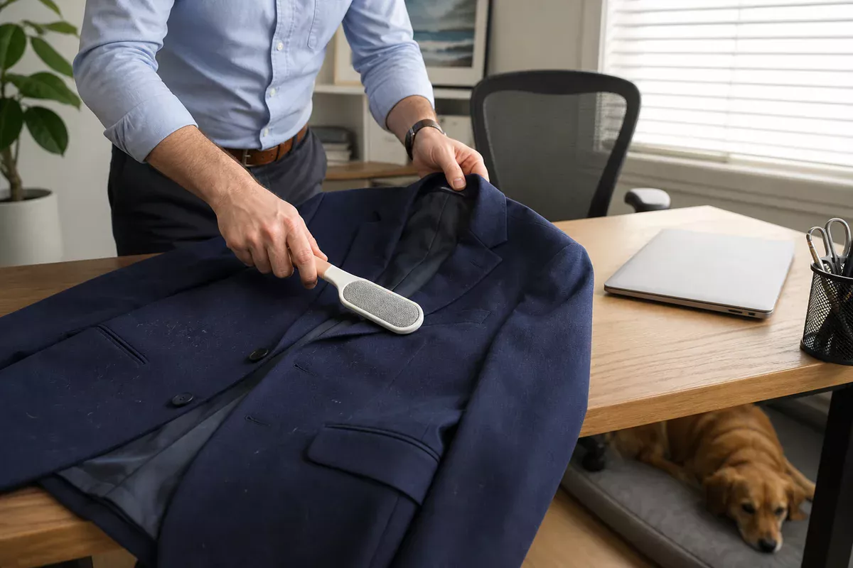 Office worker using a reusable clothes brush to lift dog hair from a navy blazer laid flat on a desk