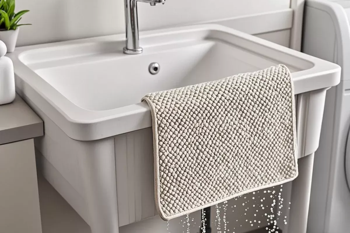 Wet cat litter mat draped over a utility sink in a laundry room after rinsing.