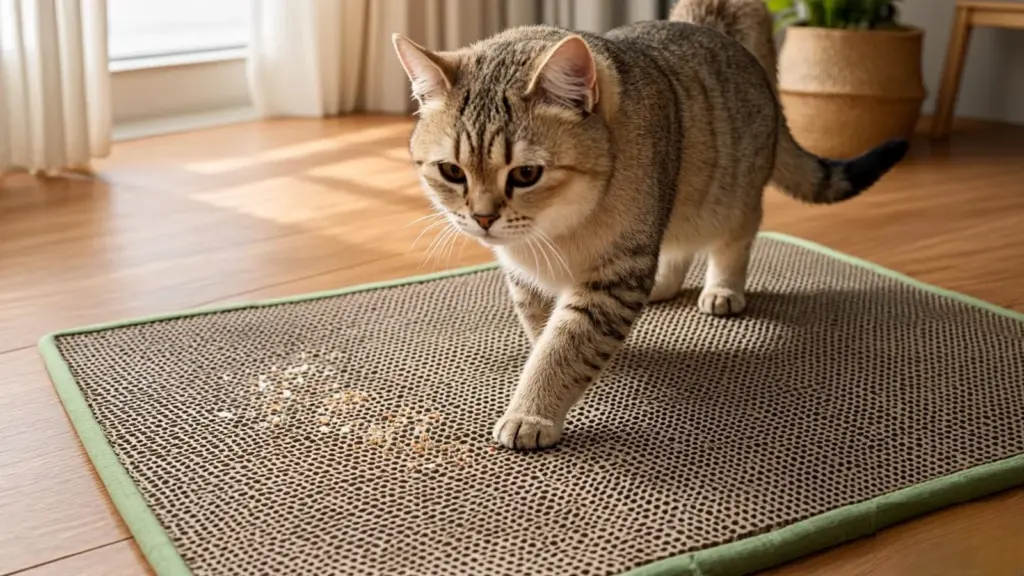 Cat stepping off a textured litter mat on hardwood floor, trapping scattered granules.