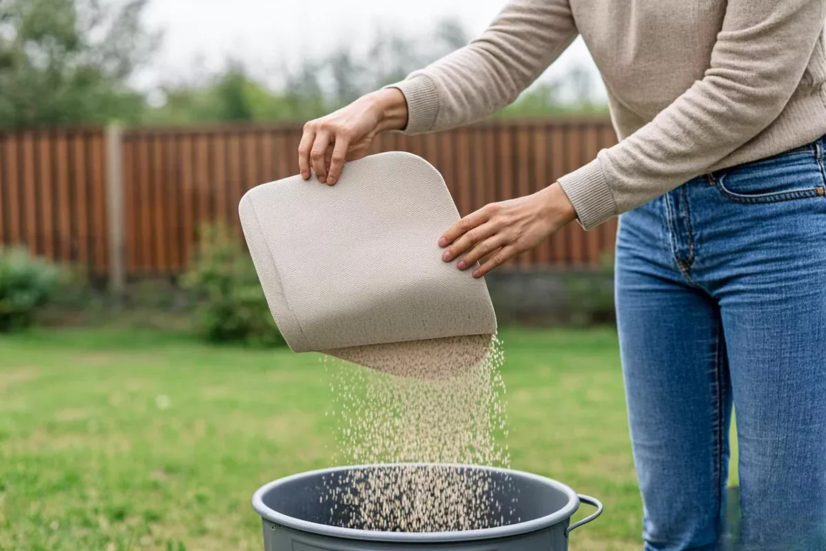 Person shaking a dual-layer cat litter mat outdoors to remove trapped litter.