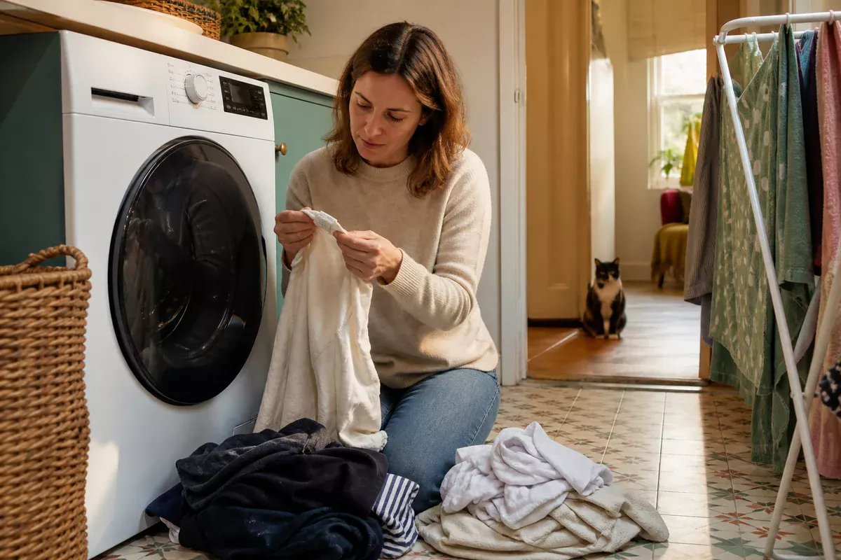 Homeowner checking the care label on a light shirt beside a closed washing machine while a cat waits in the doorway