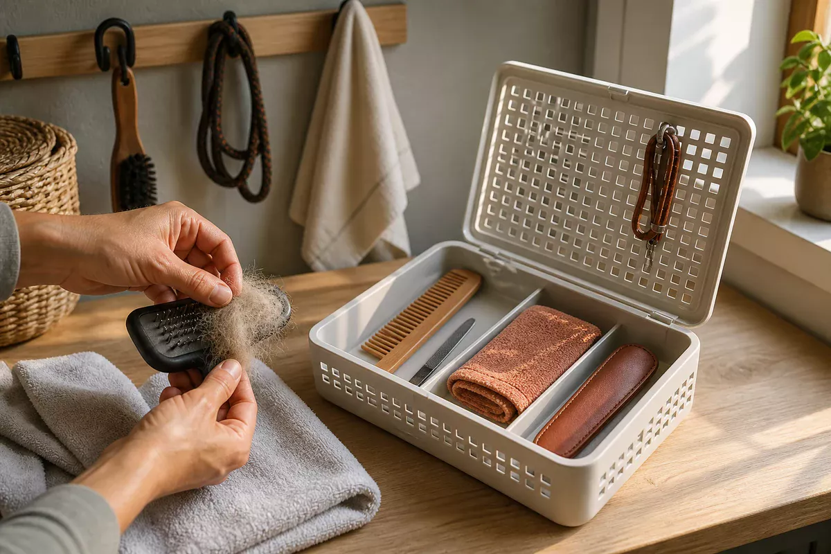 Hands removing loose fur from a brush beside a ventilated grooming-tool storage box