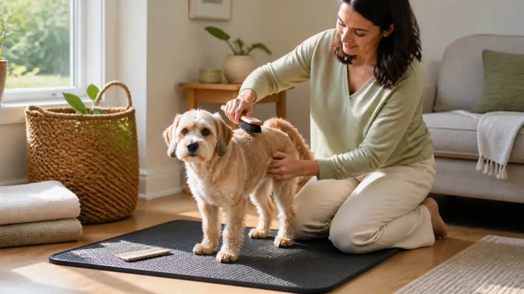 Owner brushing a small dog on a nonslip mat in a bright home grooming corner