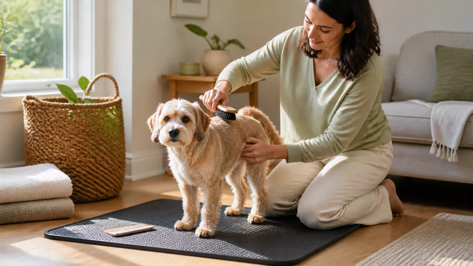 Owner brushing a small dog on a nonslip mat in a bright home grooming corner
