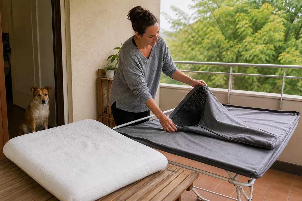 A clean dog bed cover and cushion insert drying separately on a sheltered balcony before reassembly