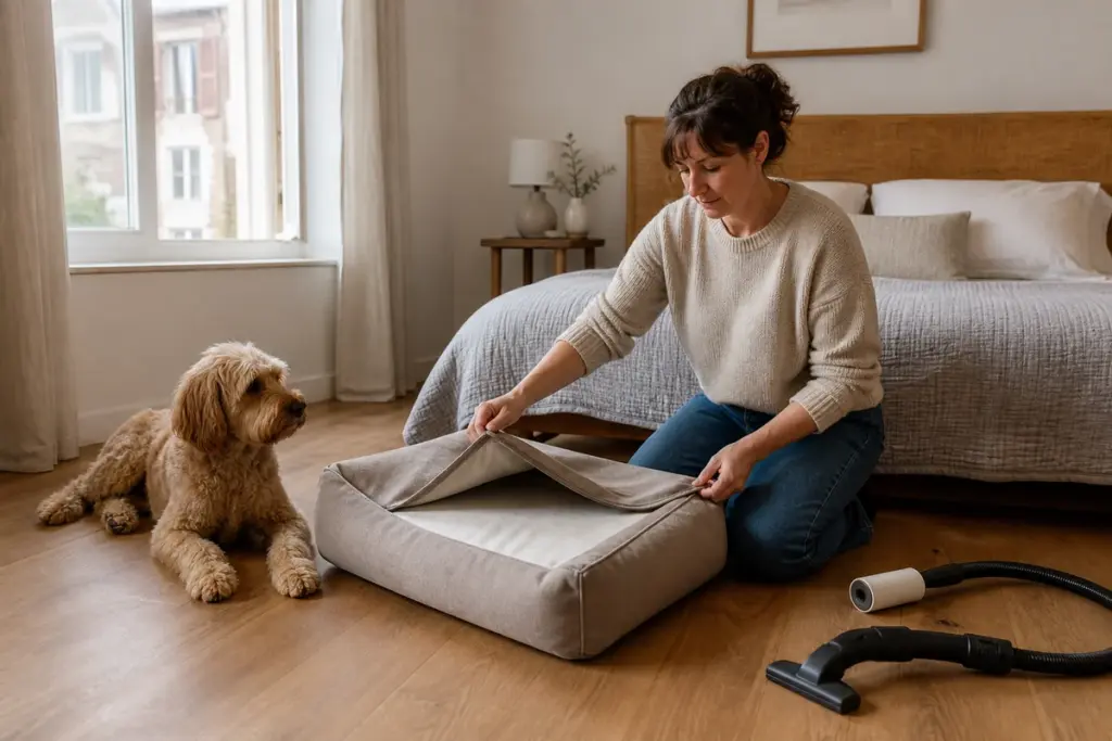 A pet owner removes the washable cover from a dog bed in a bright bedroom before cleaning