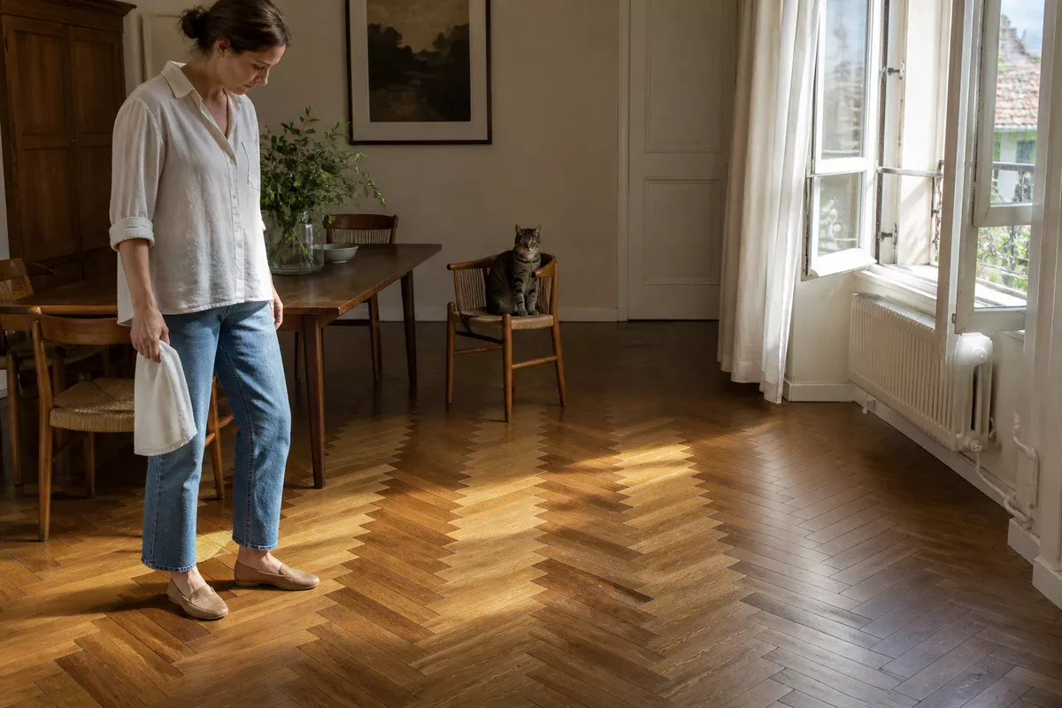 Homeowner inspecting a dry herringbone hardwood floor in side light while a cat stays on a chair away from the area