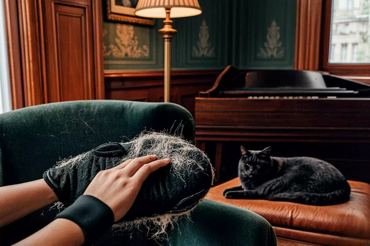 Person wearing pet hair removal gloves on a green chair while a cat rests nearby.