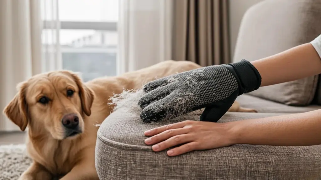 Pet hair removal glove lifting loose golden retriever hair from a beige upholstered chair