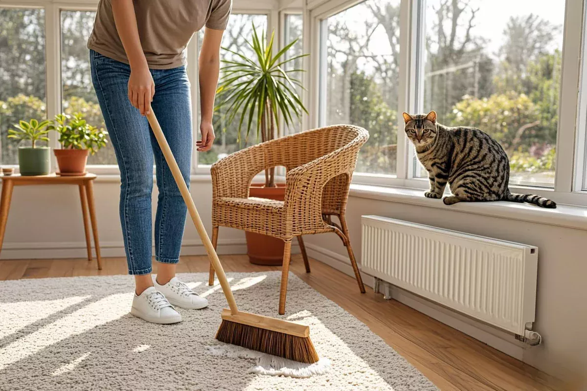 Person sweeping a low-pile rug while a tabby cat sits on a sunroom windowsill.