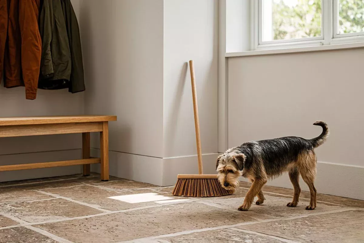 Pet hair remover broom stored in a mudroom with a small dog investigating the handle.