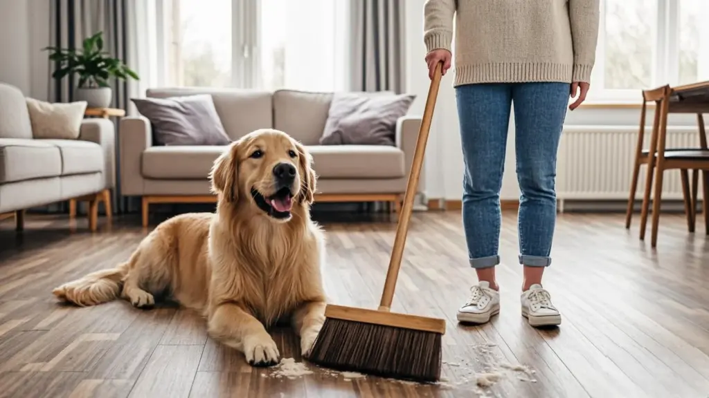 Person using a pet hair remover broom on a wood floor with a golden retriever resting nearby in a bright living room.