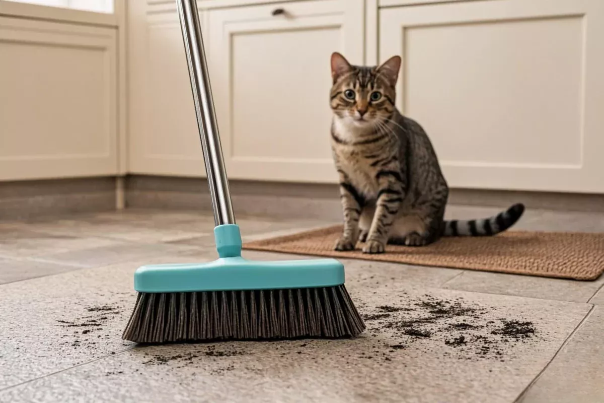 Close-up of a pet hair remover broom collecting fur on a kitchen tile floor with a tabby cat in the background.