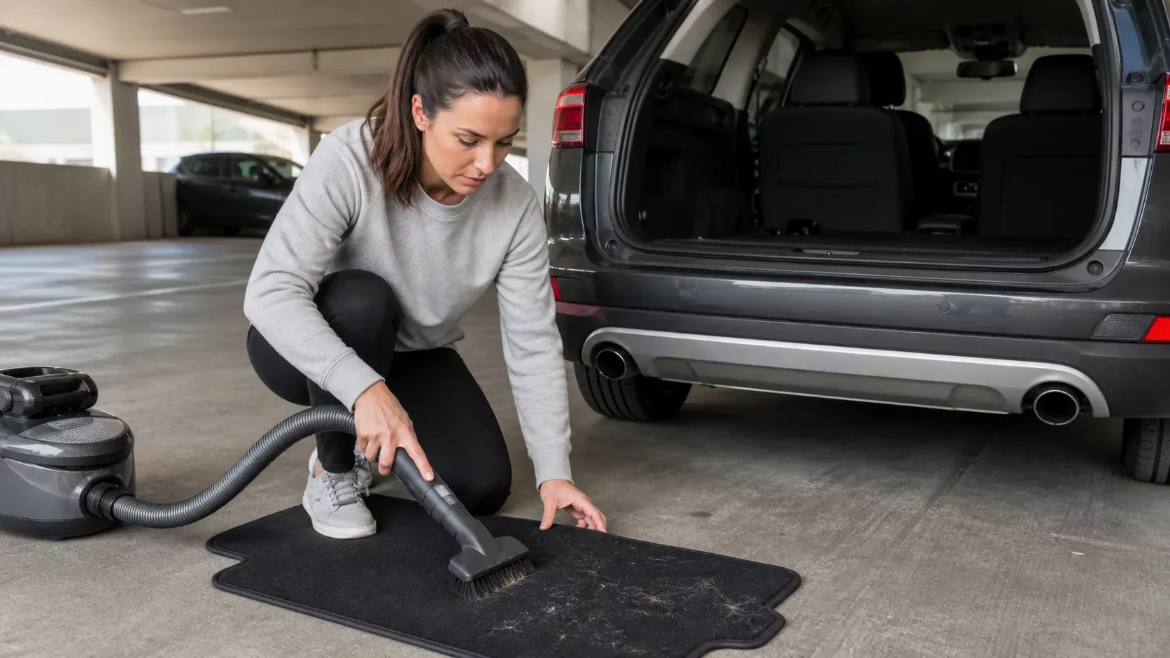 Pet owner vacuuming visible pet hair from a black car floor mat in an office parking garage