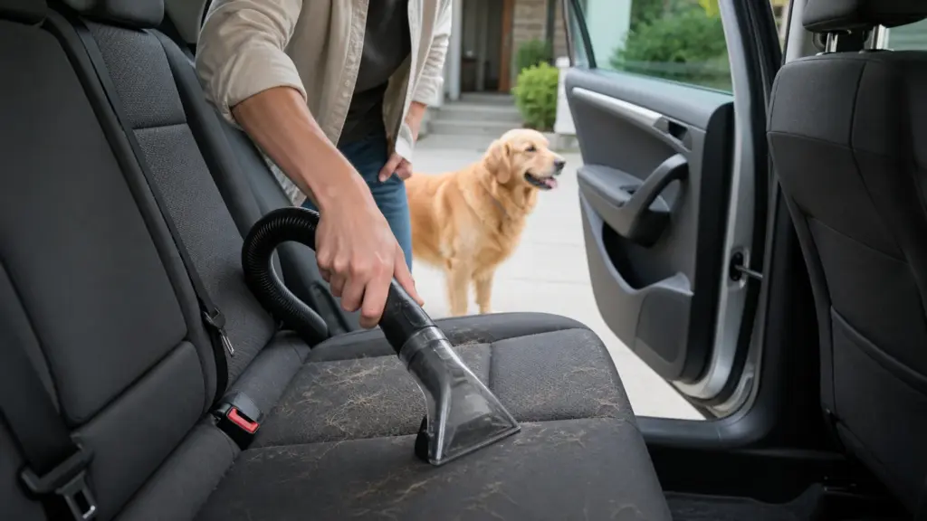Pet owner vacuuming golden dog hair from a gray cloth car seat with an upholstery nozzle