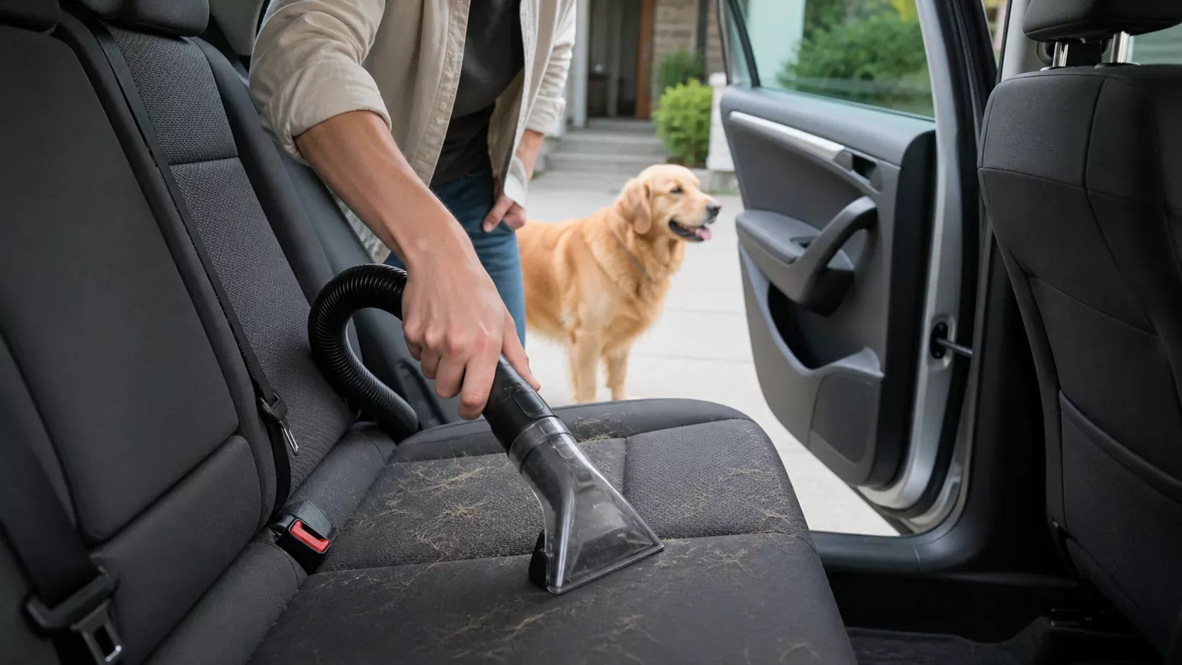 Pet owner vacuuming golden dog hair from a gray cloth car seat with an upholstery nozzle
