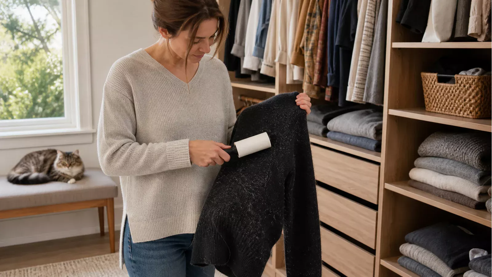 Pet owner using a lint roller to remove visible cat hair from a dark sweater in a bright walk-in closet