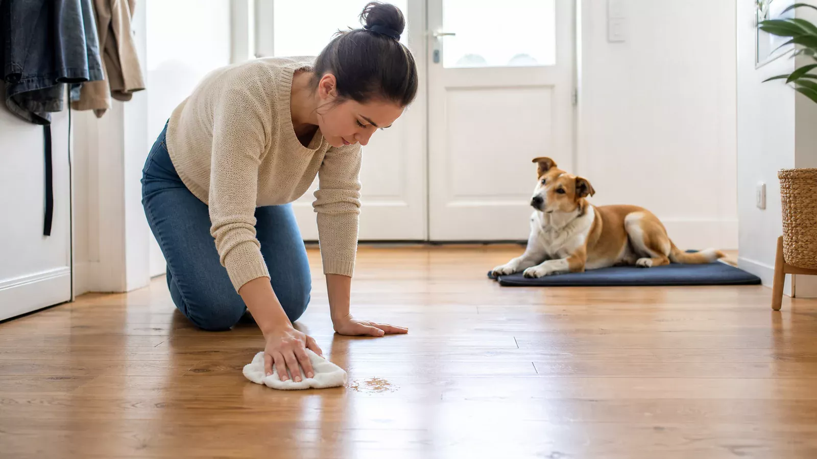 Pet owner blotting a small damp area on a sealed hardwood entryway while a dog rests away from the work zone