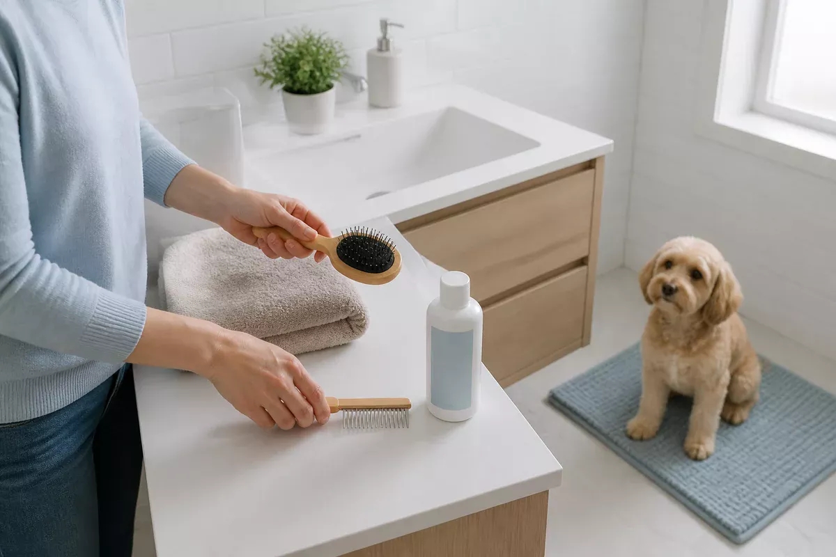Brush, comb, towel and dog grooming product arranged in a bright bathroom while a small dog waits on a mat