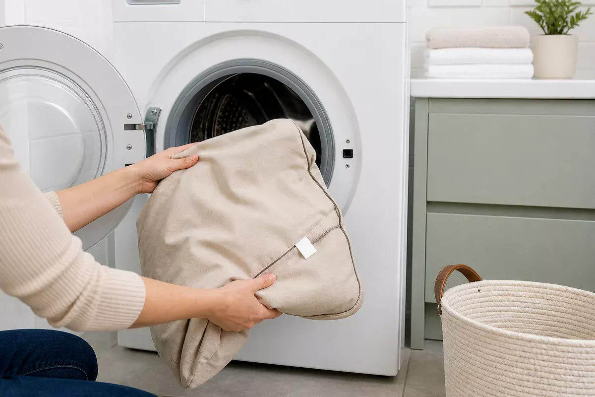 Hands placing a removable pet bed cover into a front-loading washing machine after checking its care tag